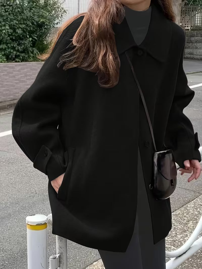 Women's Oversized Short Coat with Wide Collar and Button Front in Black – Front View