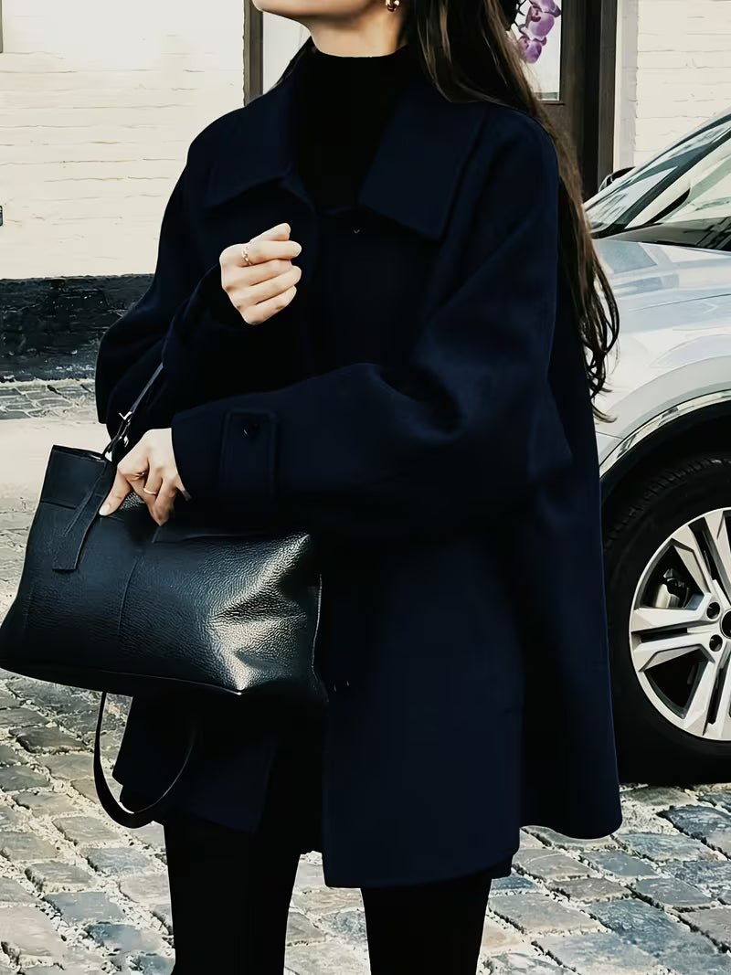 Women's Oversized Short Coat with Wide Collar and Button Front in Navy Blue – Front View