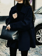 Women's Oversized Short Coat with Wide Collar and Button Front in Navy Blue – Front View