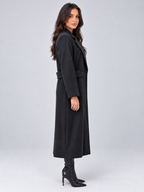 Women's Longline Tailored Coat with Notch Lapels and Button Tab Waist in Black – Side View