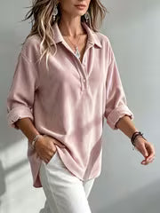 Women's Corduroy Polo Shirt with Long Sleeves and Button Placket