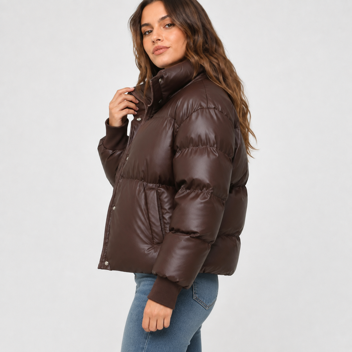 Women's Shiny Cropped Puffer Jacket with Funnel Neck and Drawcord Hem in Brown – Side View