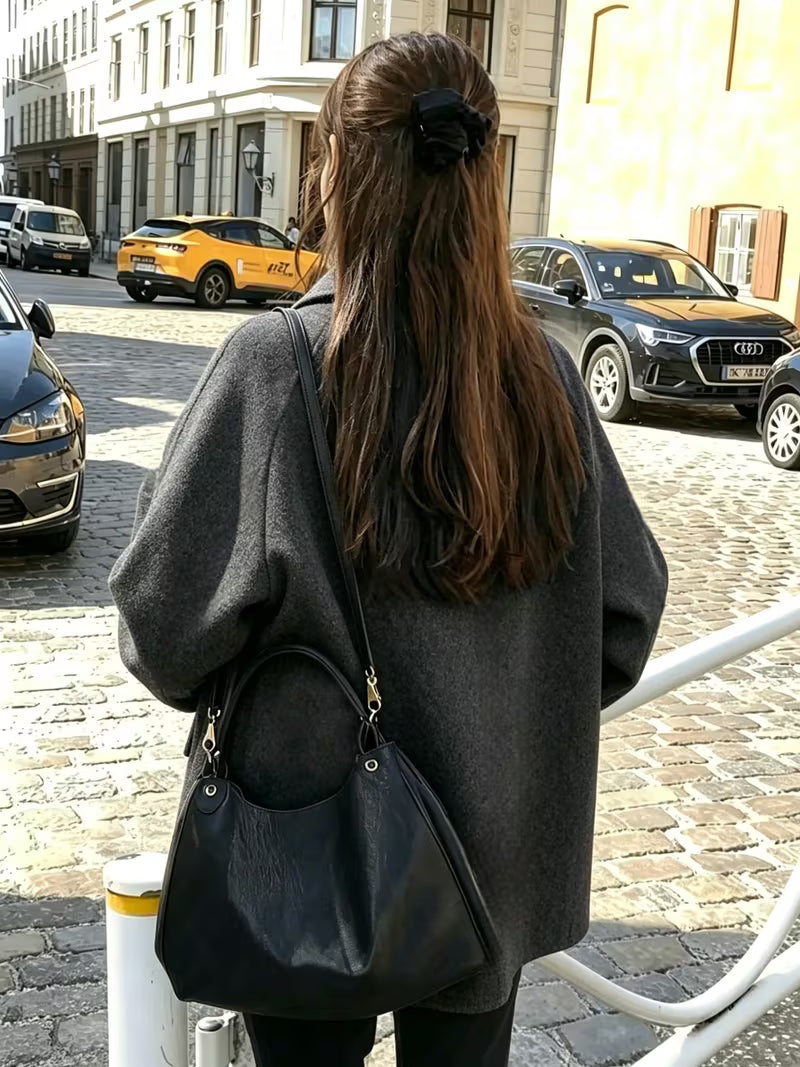 Women's Oversized Short Coat with Wide Collar and Button Front in Grey – Back View