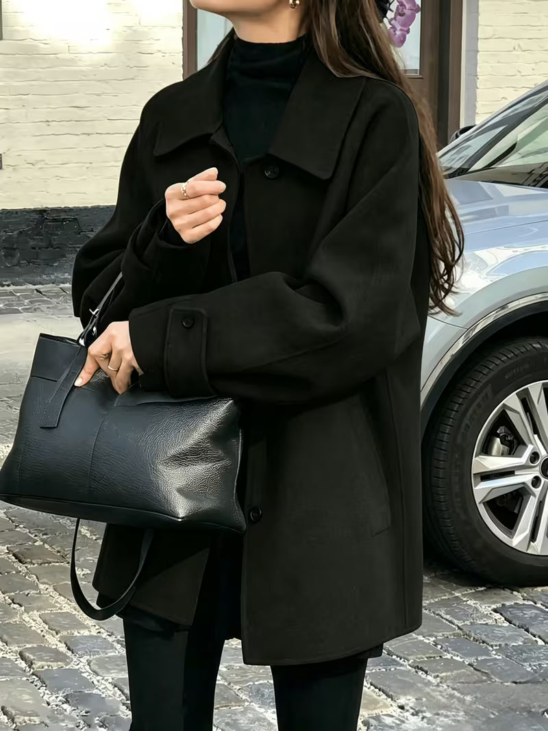 Women's Oversized Short Coat with Wide Collar and Button Front in Black – Front View
