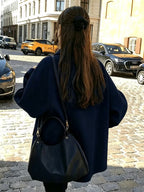 Women's Oversized Short Coat with Wide Collar and Button Front in Navy Blue – Back View