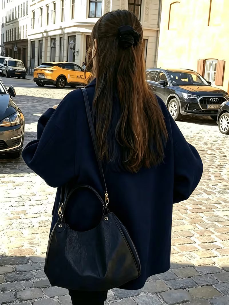 Women's Oversized Short Coat with Wide Collar and Button Front in Navy Blue – Back View