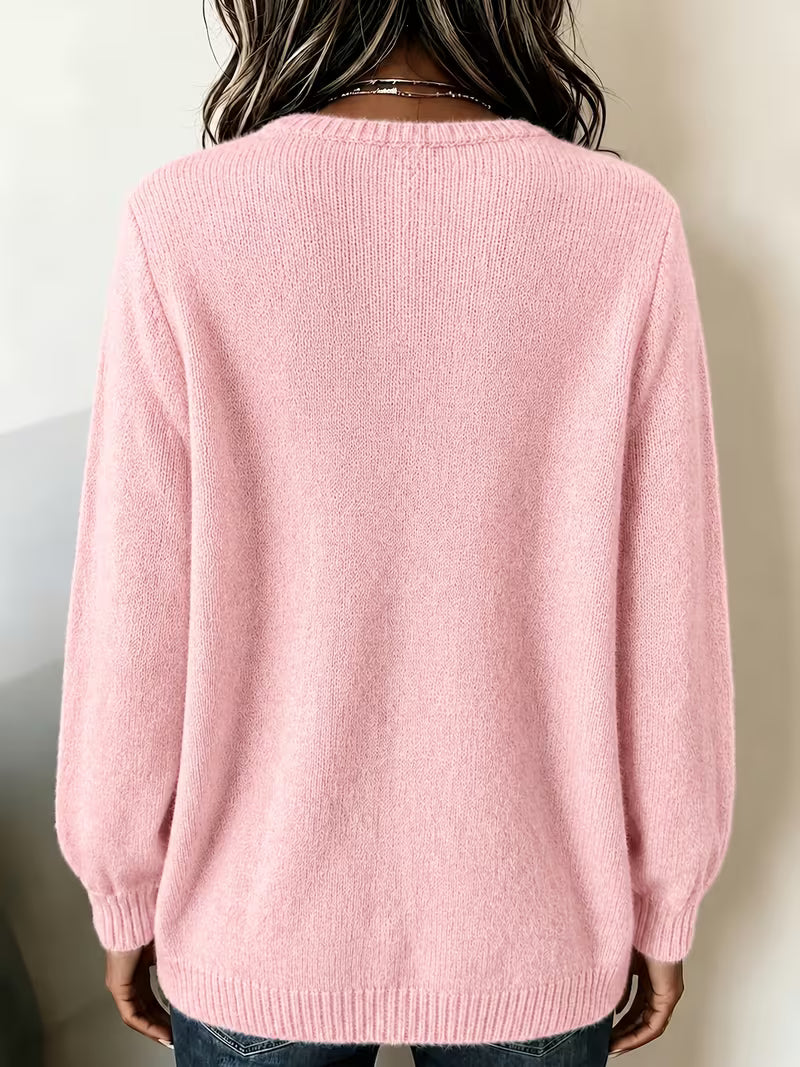 Women's Relaxed Knit Jumper with Split Neck and Button Detail