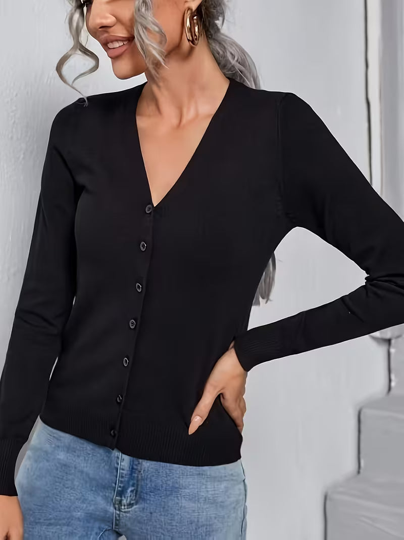 Women's Fine Knit V-Neck Cardigan with Button Front