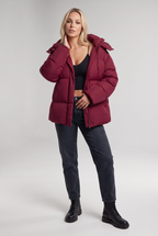 Women's Oversized Padded Puffer Jacket with Detachable Hood and Pockets in Burgundy – Back View