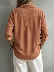 Women's Corduroy Polo Shirt with Long Sleeves and Button Placket