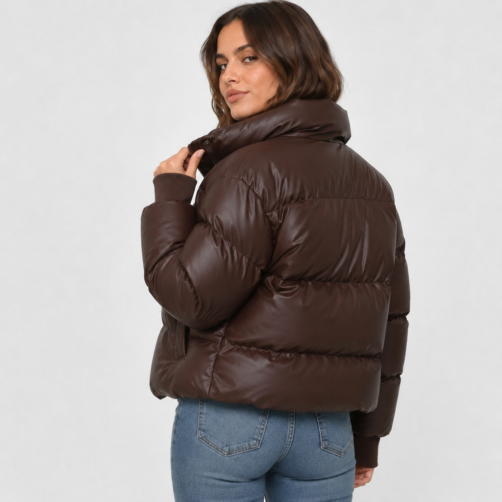 Women's Shiny Cropped Puffer Jacket with Funnel Neck and Drawcord Hem in Brown – Back Three-Quarter View