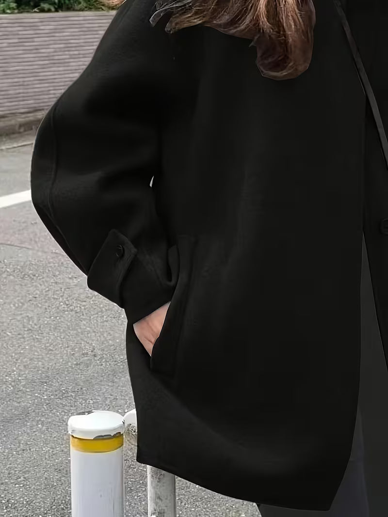 Women's Oversized Short Coat with Wide Collar and Button Front in Black – Detail
