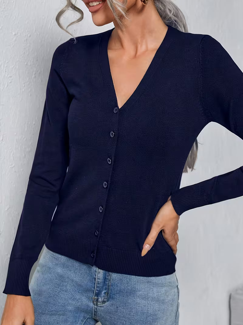 Women's Fine Knit V-Neck Cardigan with Button Front