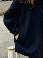 Women's Oversized Short Coat with Wide Collar and Button Front in Navy Blue – Detail