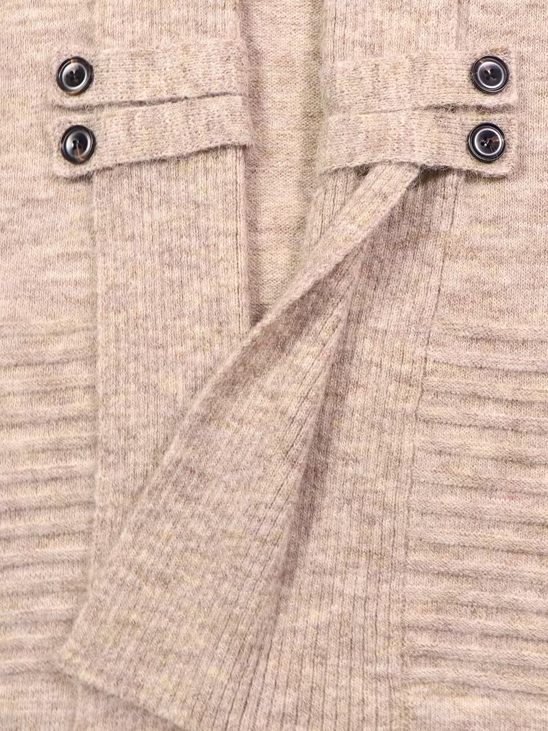 Women's Longline Knit Cardigan with Shawl Collar and Button Tabs