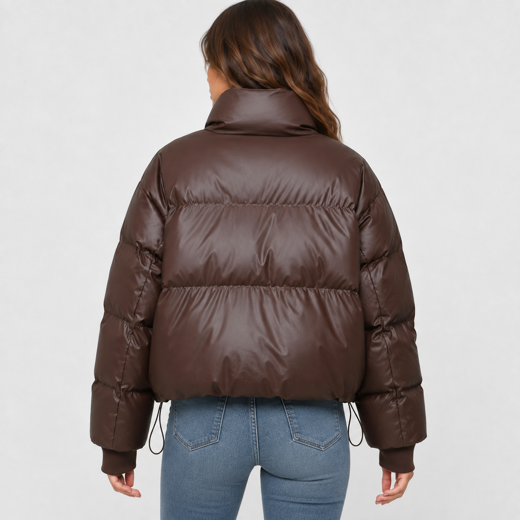 Women's Shiny Cropped Puffer Jacket with Funnel Neck and Drawcord Hem in Brown – Back View