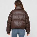 Women's Shiny Cropped Puffer Jacket with Funnel Neck and Drawcord Hem in Brown – Back View