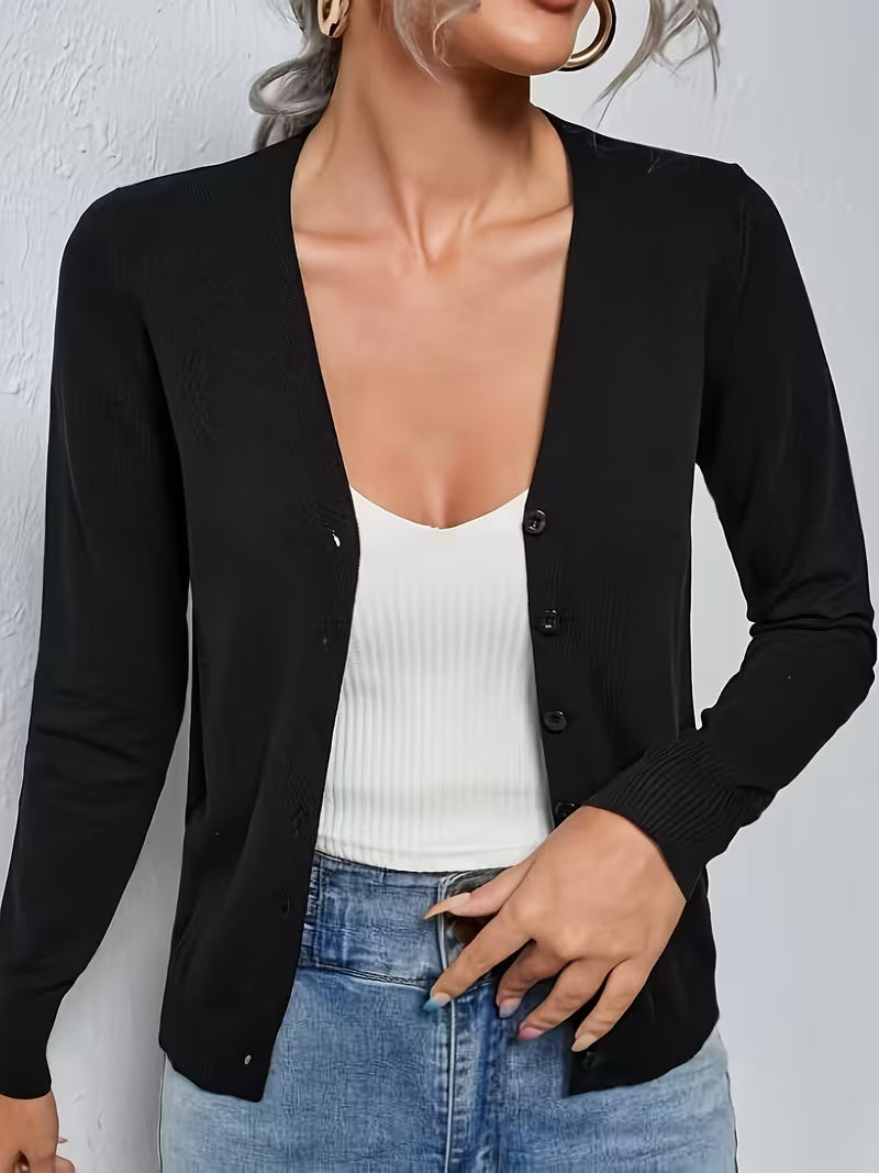 Women's Fine Knit V-Neck Cardigan with Button Front