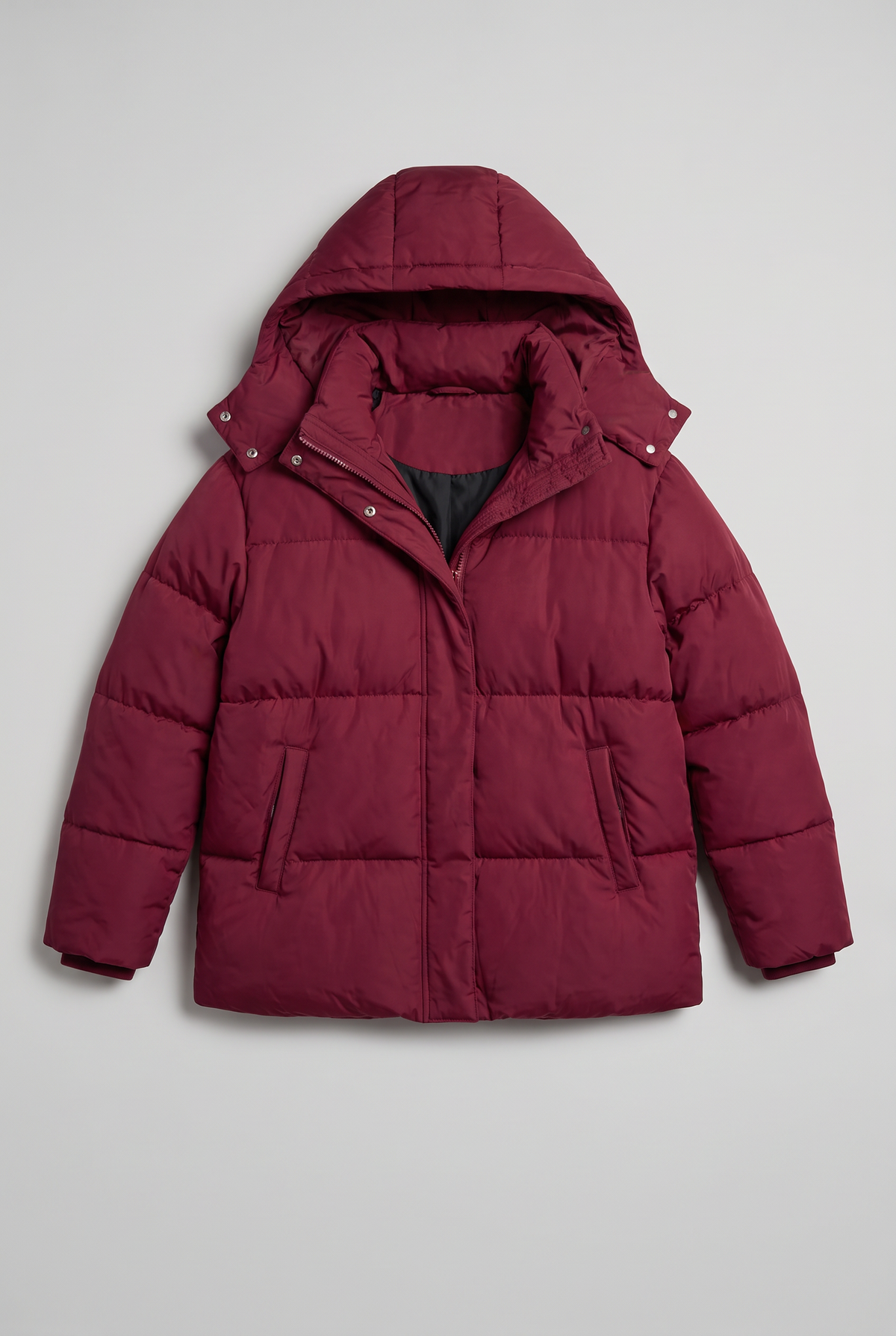 Women's Oversized Padded Puffer Jacket with Detachable Hood and Pockets in Burgundy – Flat Lay