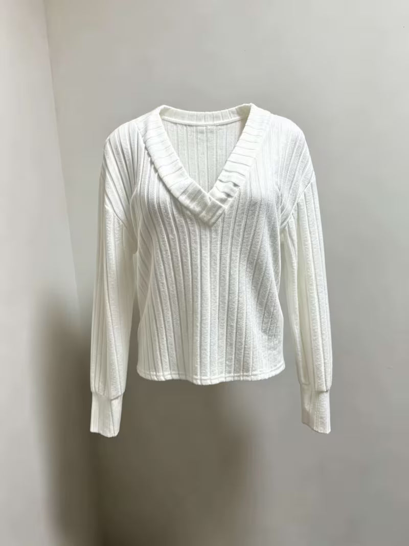 Women's Ribbed V Neck Jumper with Button Cuffs