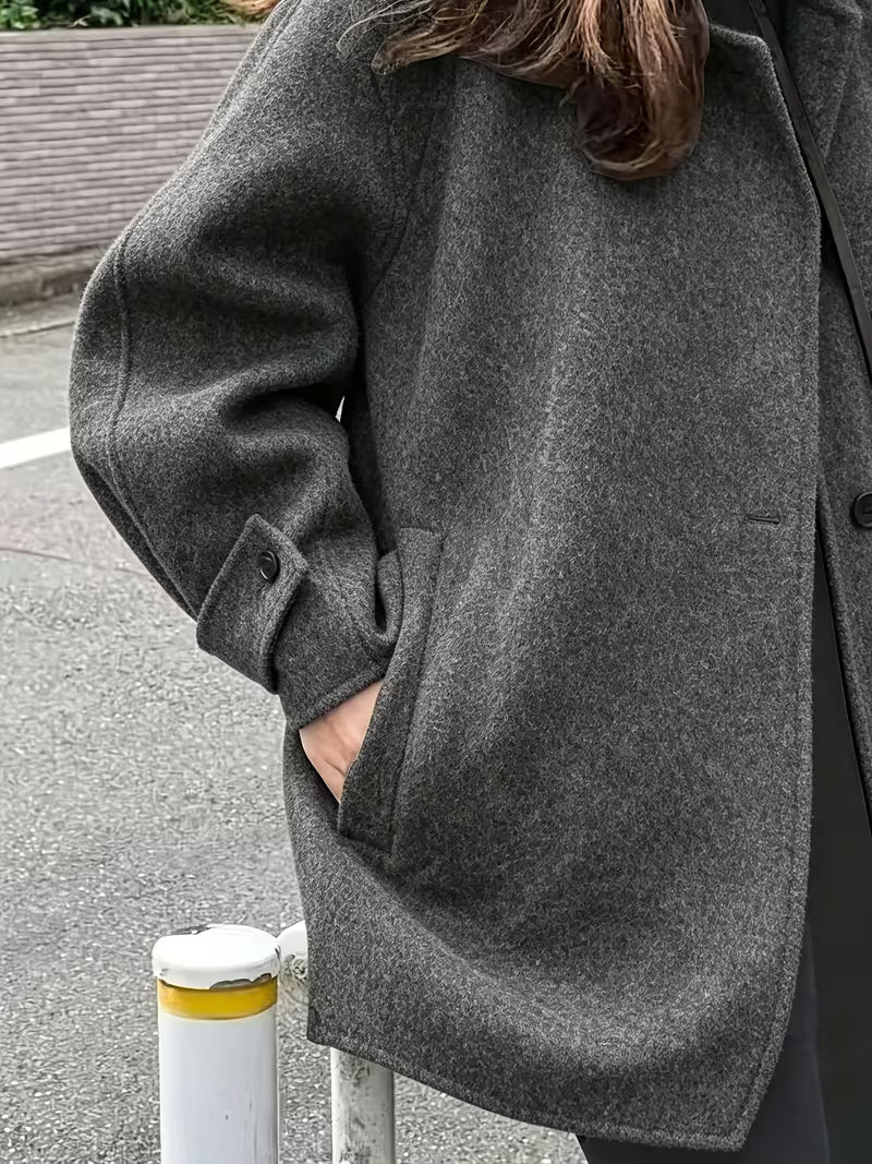 Women's Oversized Short Coat with Wide Collar and Button Front in Grey – Detail