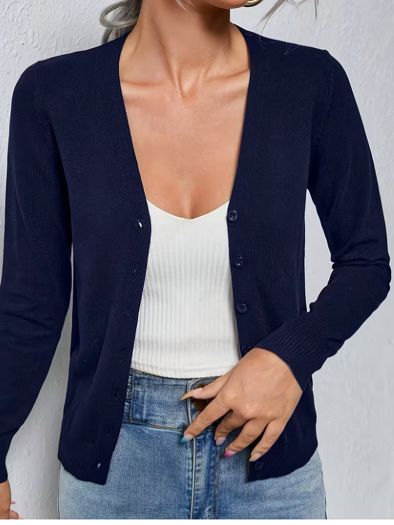 Women's Fine Knit V-Neck Cardigan with Button Front