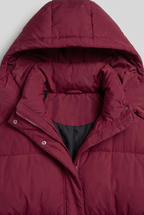 Women's Oversized Padded Puffer Jacket with Detachable Hood and Pockets in Burgundy – Hood Detail