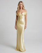 Butter yellow satin off-shoulder sweetheart maxi slip dress - front view