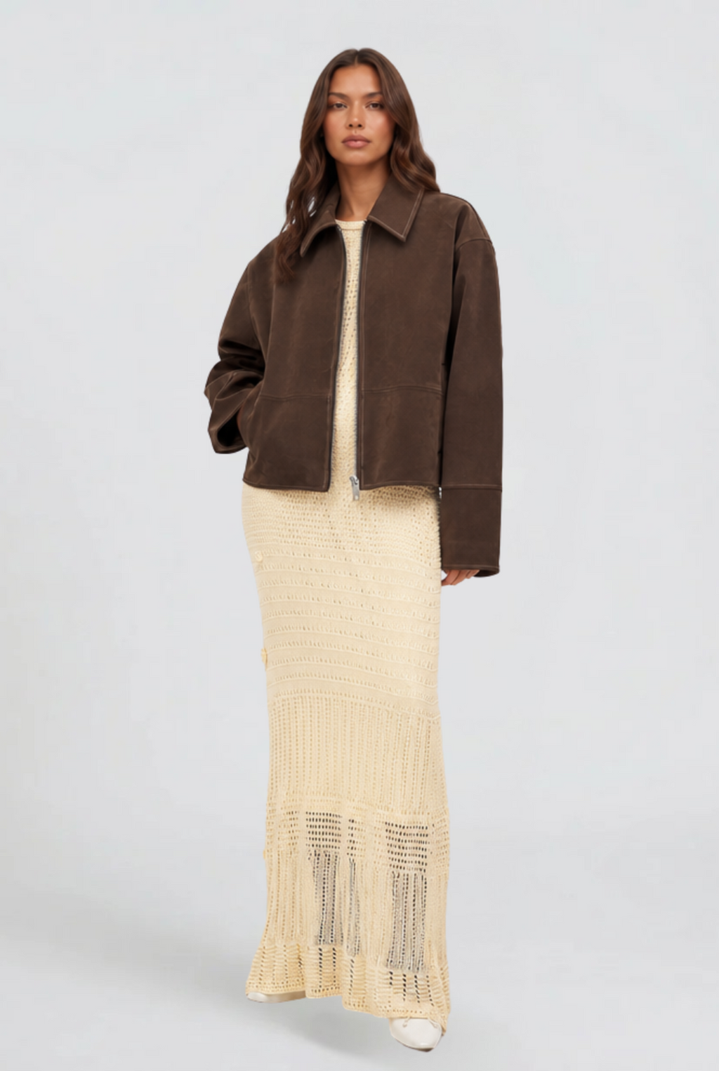 Women's Cropped Brown Suede Style Jacket with Collar and Zip Front