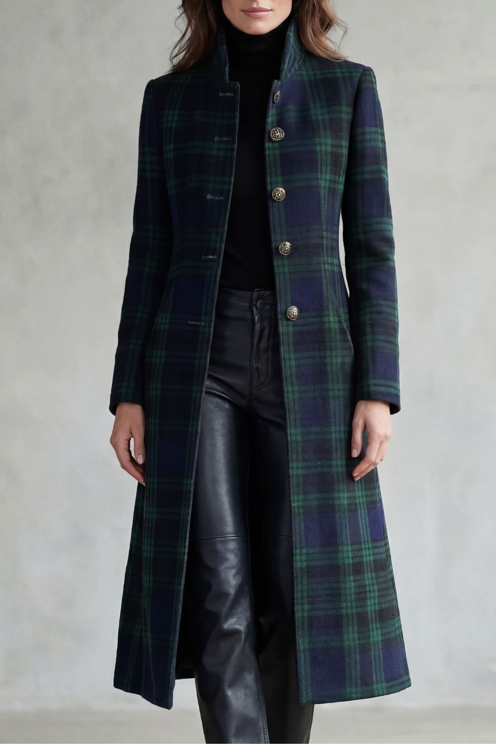 Women's Highland Check Coat with Stand Collar and Button Front