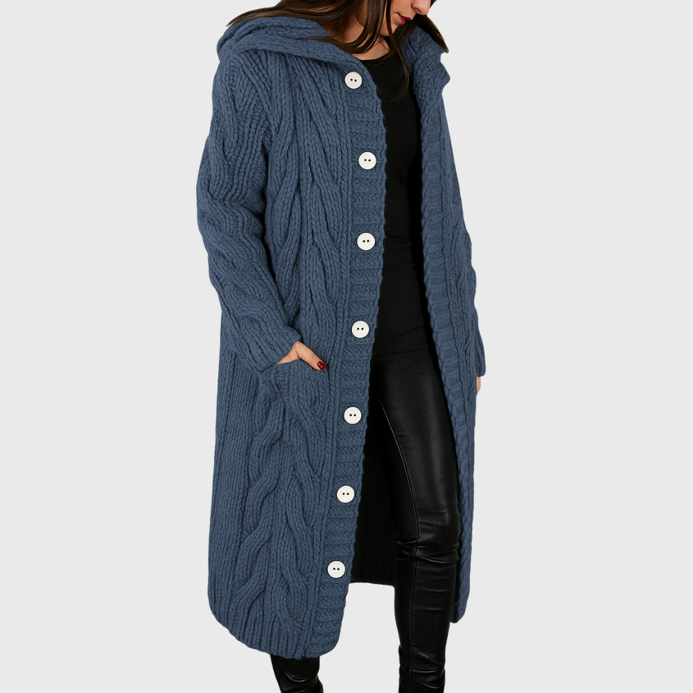Women's Chunky Knit Longline Cardigan with Hood and Button Front