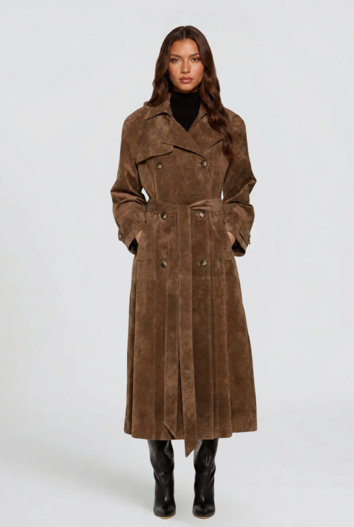 Women's Long Brown Suede Style Trench Coat with Double Breasted Front and Belt
