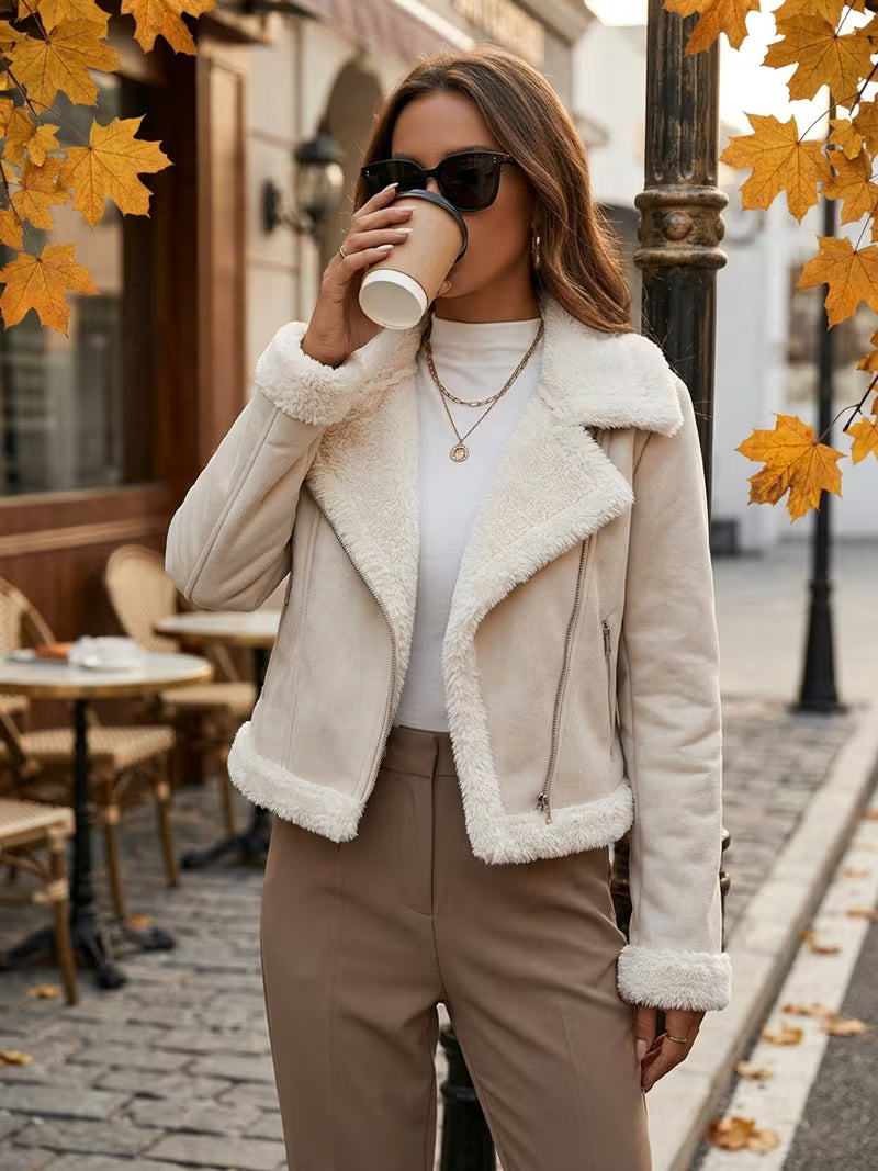 Women's Suede Look Aviator Jacket with Zip Front and Faux Fur Collar