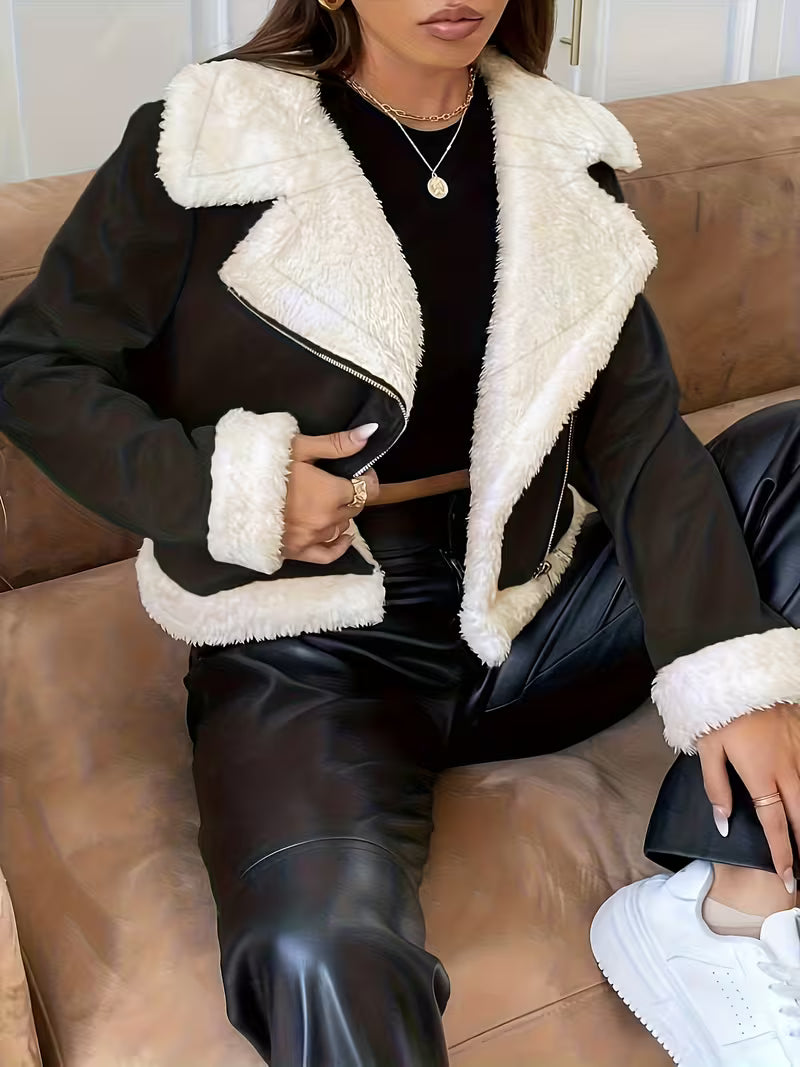 Women's Suede Look Aviator Jacket with Zip Front and Faux Fur Collar