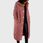 Women's Chunky Knit Longline Cardigan with Hood and Button Front