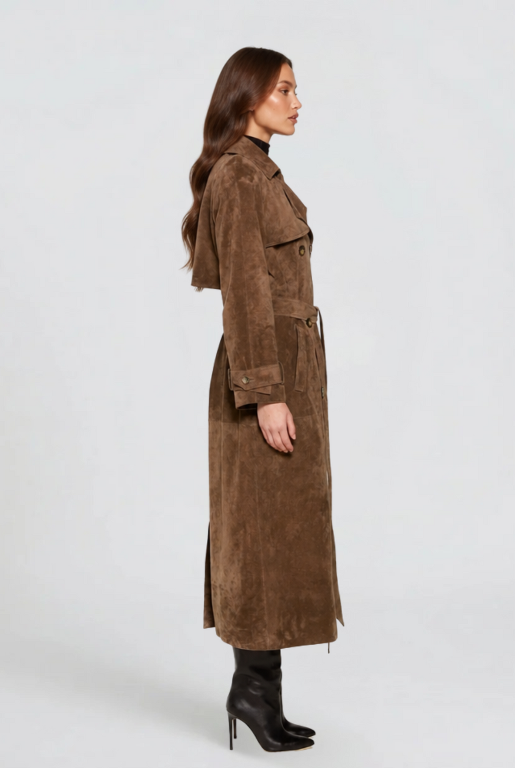 Women's Long Brown Suede Style Trench Coat with Double Breasted Front and Belt