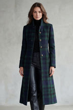 Women's Highland Check Coat with Stand Collar and Button Front