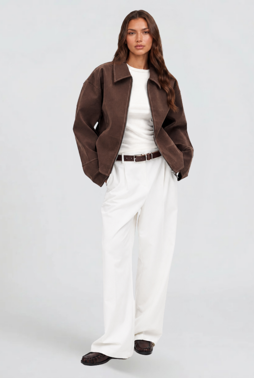 Women's Cropped Brown Suede Style Jacket with Collar and Zip Front