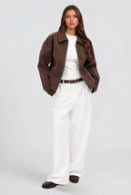 Women's Cropped Brown Suede Style Jacket with Collar and Zip Front