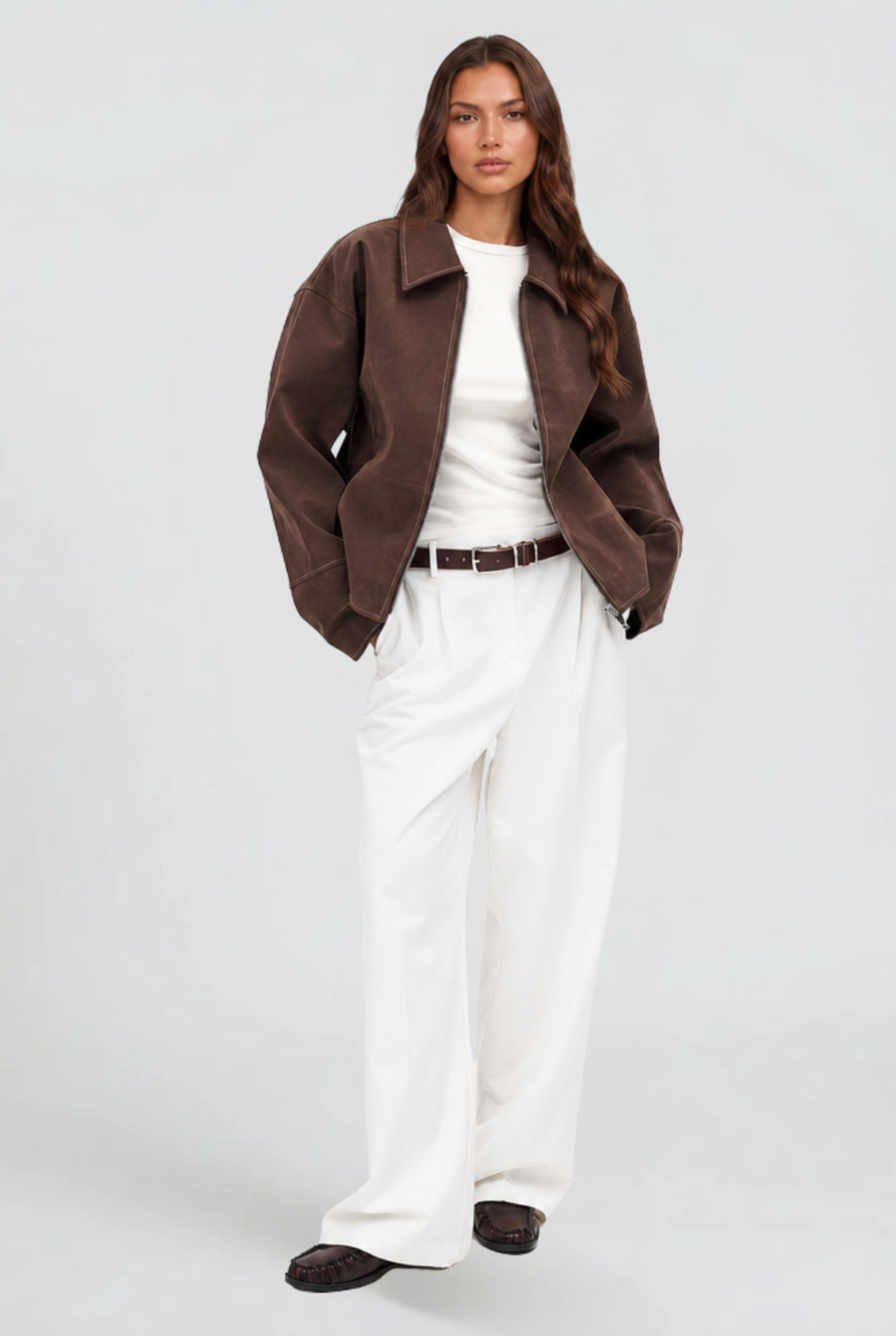 Women's Cropped Brown Suede Style Jacket with Collar and Zip Front