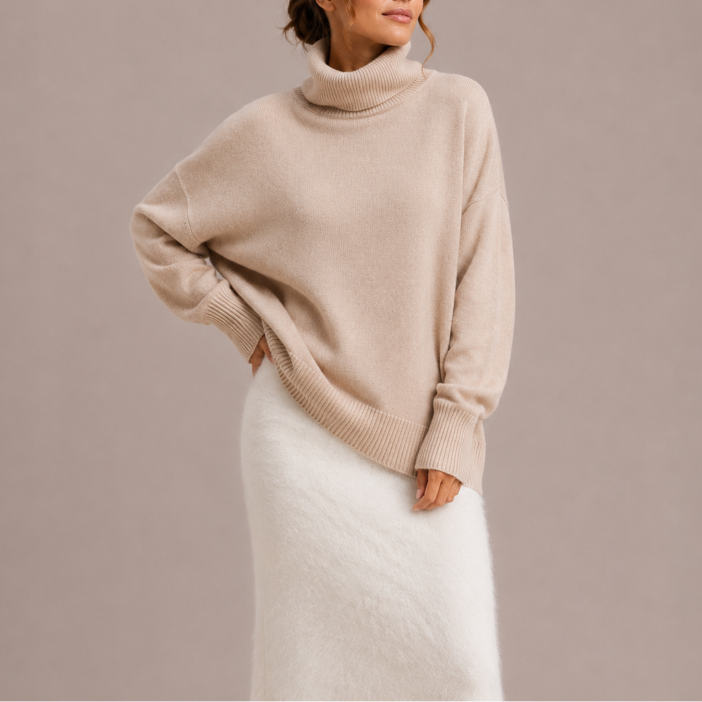 Women's oversized turtleneck jumper with drop shoulders and ribbed trims