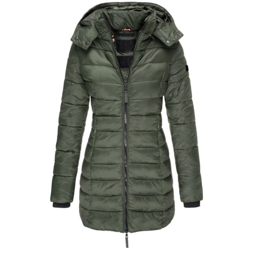 Women's Longline Hooded Puffer Jacket with Zip Front and Pockets
