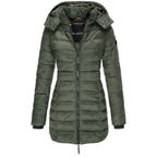 Women's Longline Hooded Puffer Jacket with Zip Front and Pockets