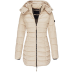 Women's Longline Hooded Puffer Jacket with Zip Front and Pockets