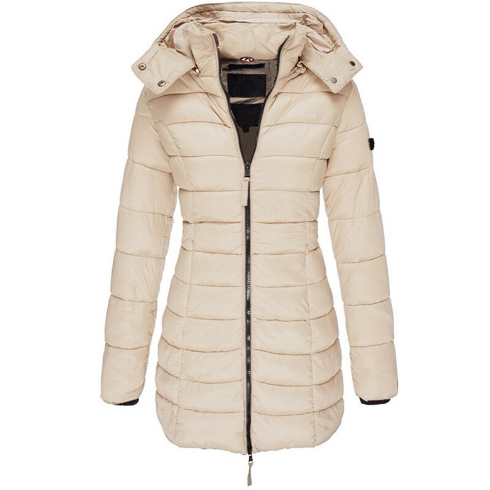 Women's Longline Hooded Puffer Jacket with Zip Front and Pockets