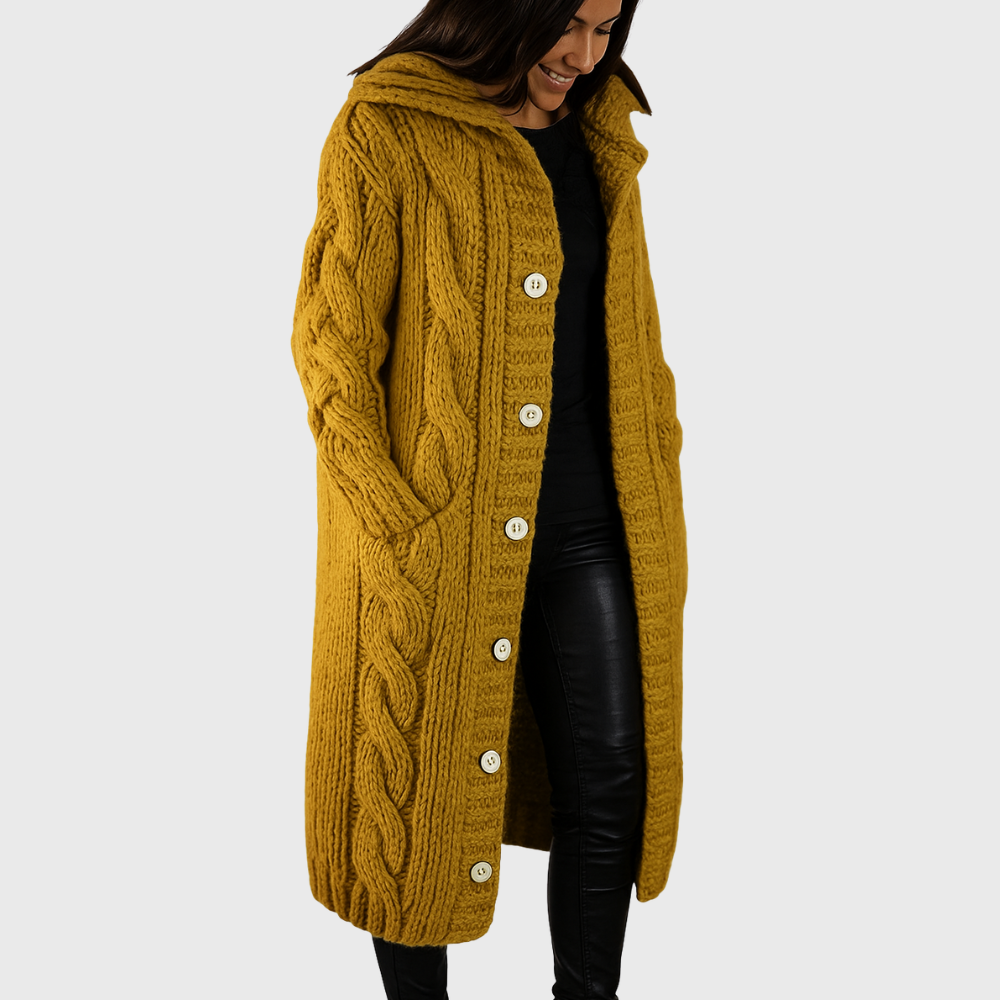 Women's Chunky Knit Longline Cardigan with Hood and Button Front