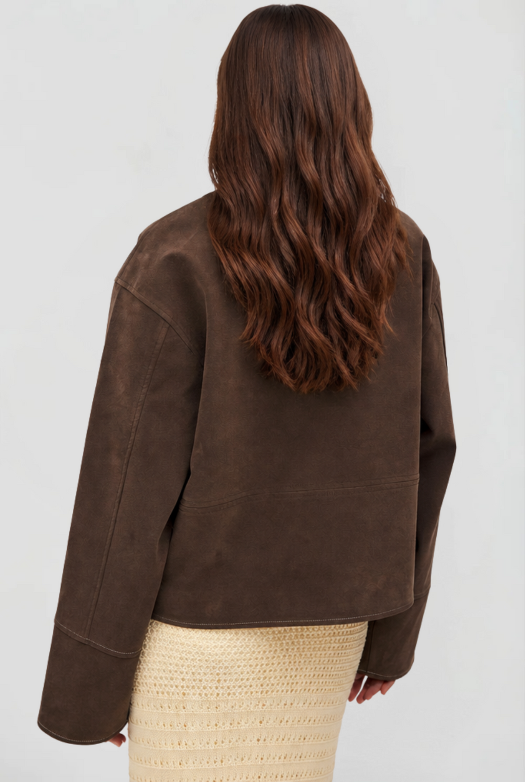 Women's Cropped Brown Suede Style Jacket with Collar and Zip Front