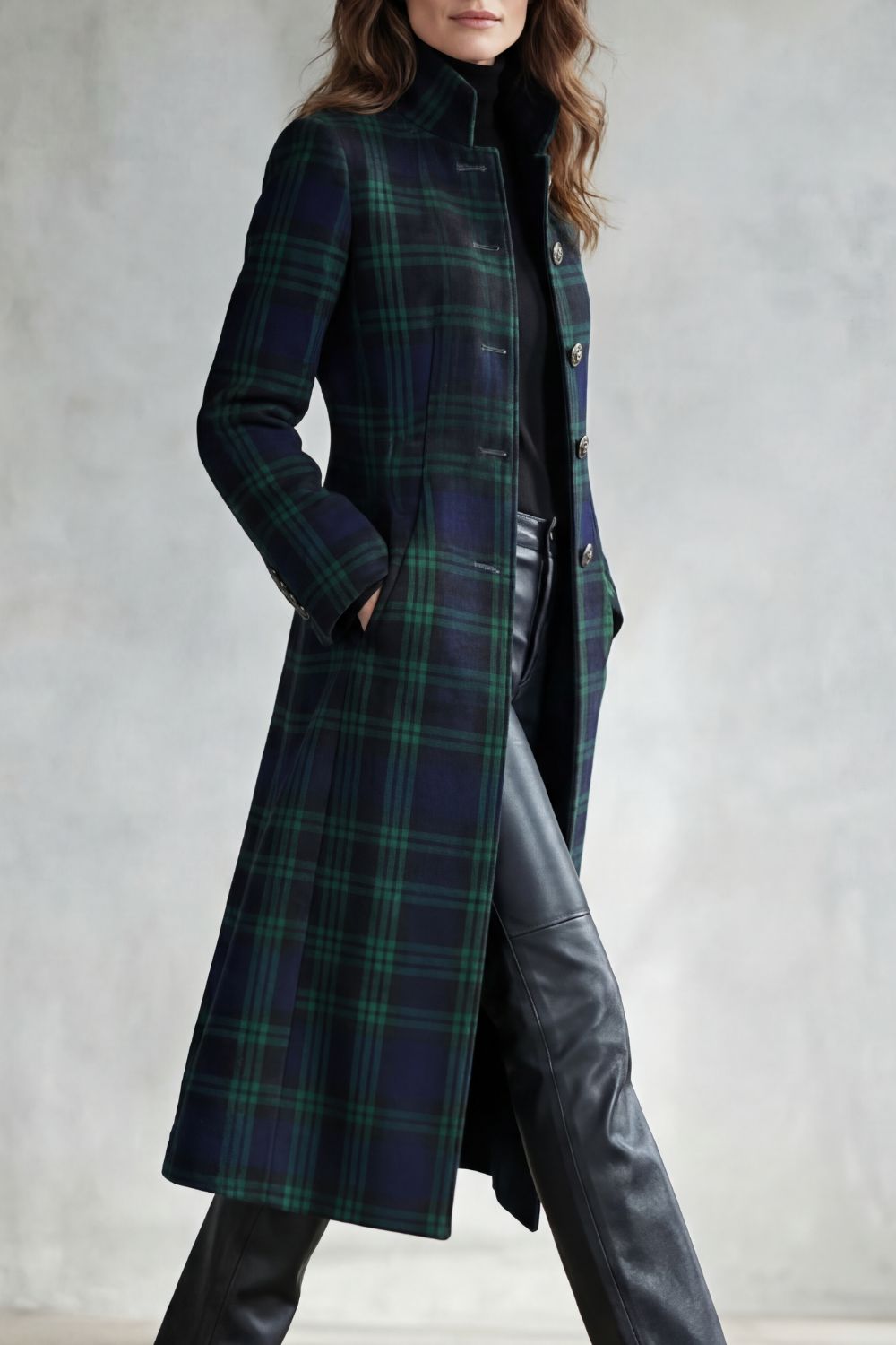 Women's Highland Check Coat with Stand Collar and Button Front