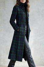 Women's Highland Check Coat with Stand Collar and Button Front