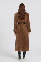Women's Long Brown Suede Style Trench Coat with Double Breasted Front and Belt
